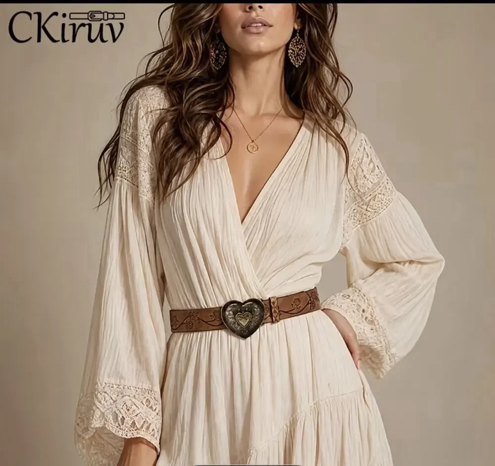 Y2K Vintage Boho Western Heart Shaped Buckle, Retro Faux Leather Belt Brown